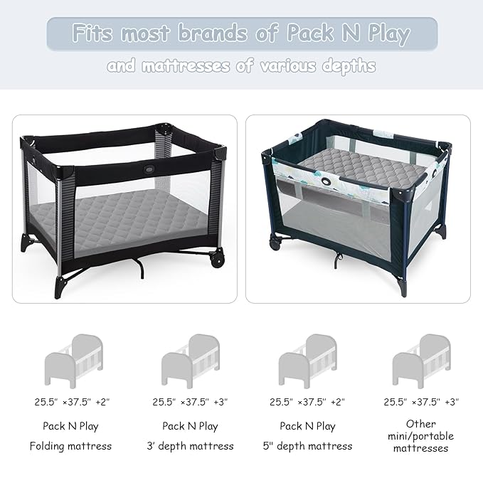 Yoofoss Waterproof Pack and Play Mattress Protector, Quilted Pack and Play Mattress Pad Cover Soft and Breathable, Playpen/Playard Mattress Sheet for Standard Pack n Play Size 39''x27'' - Dark Grey