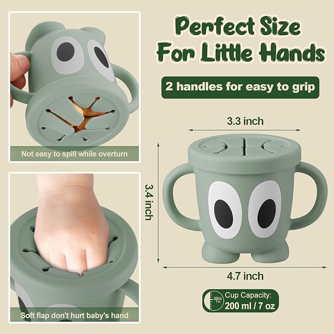 Silicone Snack Cups Food Container for Toddlers and Babies, Spill Proof Training Cup with Snack Cup Lid & Dust Proof Lid, Comes with a toy strap, Without BPA, Lead, or Phthalates (Ether&Beige)