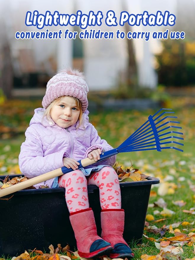 Kids Friendly Rakes for Leaves - 28" Child Size Small Rake with Durable Metal Head & Hardwood Handle, Real Lawn Garden Yard Tools for 3+ Years Kids Enjoy Helping Work Gifts (Blue)