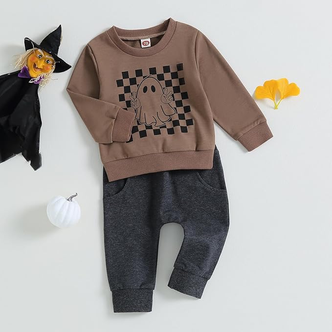 0-4T Toddler Boy Girl Halloween Outfit Fall Clothes Ghost Long Sleeve Sweatshirt Top Pants Baby Halloween Clothes