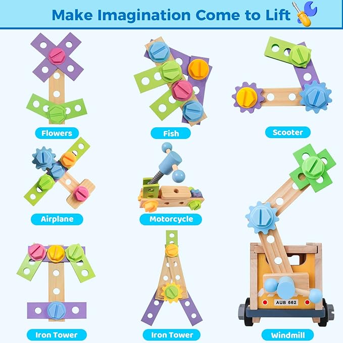 Kids Tool Set Toy with Drill Hammer, 38PCS Wooden Truck Boy Tool Set Construction Sensory Kit STEM Learning Toys, Montessori Pretend Play Boy Girls Kids Birthday Gift for Toddlers 1 2 3 4 5 6