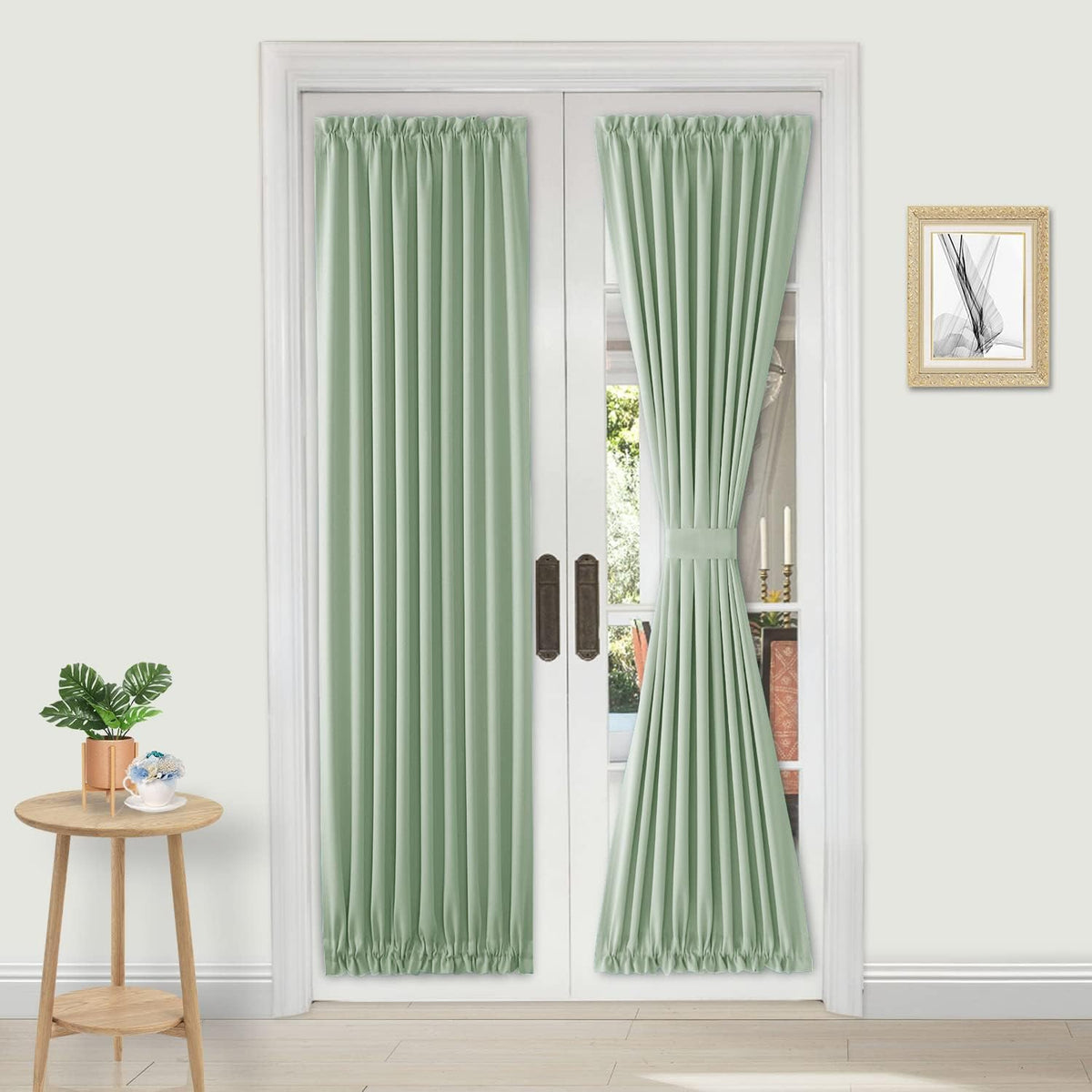 DWCN French Door Curtains – Rod Pocket Thermal Blackout Curtain for Doors with Glass Window, Kitchen and Patio Doors for Privacy, 23 X 72 Inches Long, 1 Curtain Panel with Tieback, Bean Green
