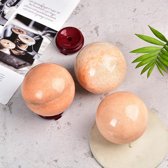 JIC Gem Natural Sunstone Sphere Ball with Wooden Stand for Fengshui Rare Healing Crystal Ball Decoation Meditation Energy Reiki Ball (90-100mm)