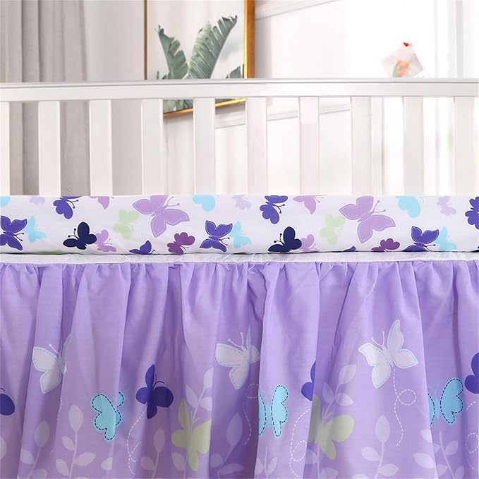 Wowelife Butterfly Crib Bedding Set for Girls 3 Piece Baby Girl Bedding Sets Purple Nursery Crib Sets Newborn, Infant &Toddler Include Quilted Comforter,Crib Skirt and Fitted Sheet, Purple