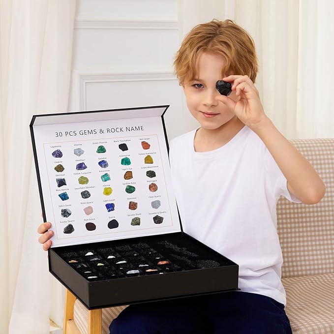 Rock Collection for Kids - 30 Pcs Rocks, Gemstones & Crystals Kit with Learning Guide,Mineral Education Set Geology Science STEM Toys, Earth Science Activity,Gifts for Boys & Girls