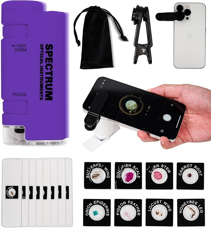 EasyMicro LED Lighted Pocket Microscope 60-120X Magnification Purple Color
