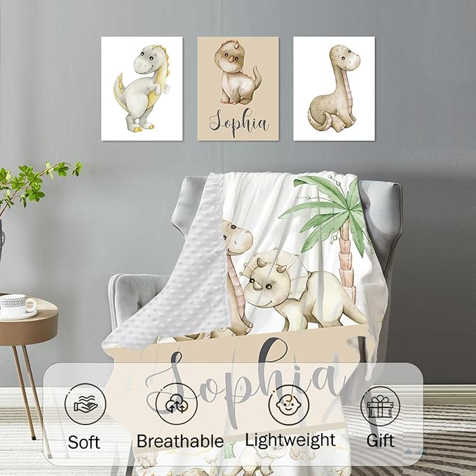 Personalized Baby Crib Bedding Set, 5-Piece Cute Dinosaur Baby Crib Sets with Custom Name, Toddler Double Layer Blanket Fitted Sheets Changing Pad Cover Rug Wall Art Set, Charming Nursery Decor