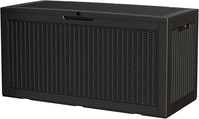 100 Gallon Storage Box, Waterproof Resin Deck Box with Hydraulic Piston Design, Lockable Storage Bench for Package Delivery, Storage Bin for Patio Cushions, Garden Tools, Black