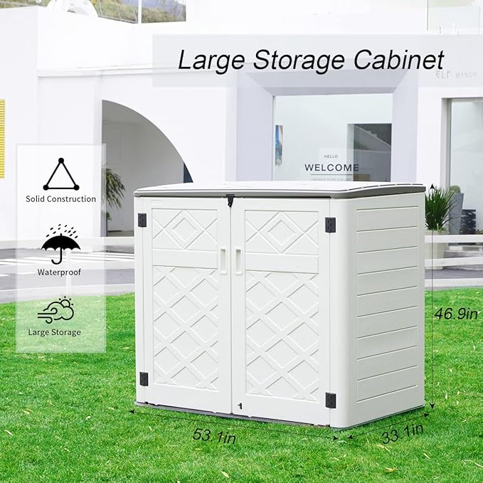 Large Horizontal Storage Sheds,38 cu.ft. Outdoor Storage Box for Garden,Patio and Backyard,Customized Shelves &Lockable(Off White)