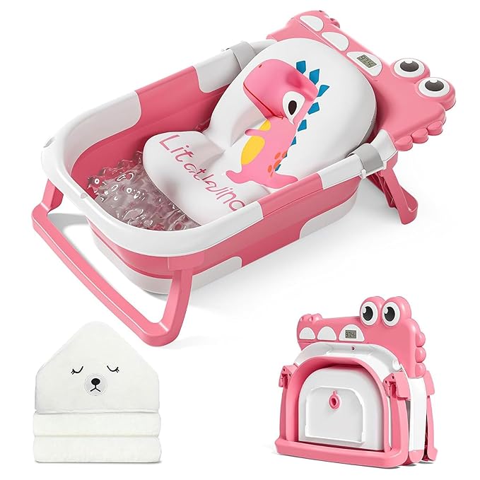 MoreFeel Collapsible Baby Bathtub for Newborn with Thermometer & 1 Hooded Towel & 1 Soft Floating Cushion,Portable Travel Bathtub with Drain Hole, Durable Foldable Baby Tubs for Infants to Toddler