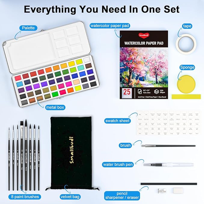 Watercolor Paint Set 50 Colors Including Metallic, Watercolor Kit with Case, Watercolor Paper, Paint Brushes, Palette and Accessories, Water Color Art Supplies Gift for Adults Kids Artists