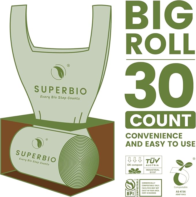 SUPERBIO 13 Gallon Compostable Kitchen Waste Bags with Handles, Food Scrap Bags Certified by BPI, OK compost INDUSTRIAL, 30 Count, 49.2L