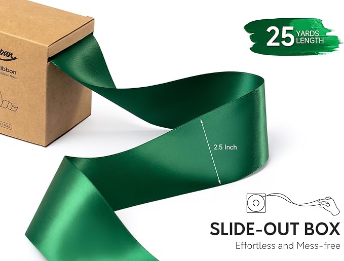 Forest Green Satin Ribbon 2.5 Inch Double-Faced Ribbons 25 Yards for Christmas Gift Wrapping Crafts Flower Bouquet Wedding Paper Bows Invitations