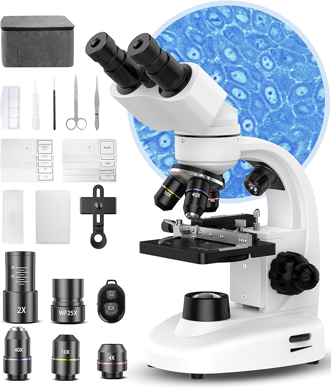 Compound Binocular Microscope for Kids & Students, 40X-2000X Magnification, Microscope Kit with Slides & Specimens, Lab Equipment for School Biology Class & Home Science Experiments
