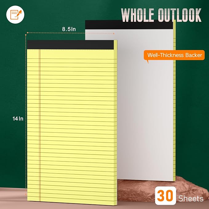 Yellow Legal Pads 8.5 x 14 Note Pads, 6 Pack 8.5 x 14 Notepads, Wide Ruled Lined Paper, Micro Perforated Writing Paper, 30 Sheets Per Notepad for Work/School/Office