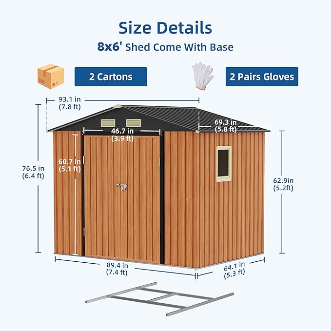 8x6FT Outdoor Storage Shed, Metal Garden Shed with Floor Base, Lockable Doors and Window, Large Tool Shed for Backyard, Patio and Lawn