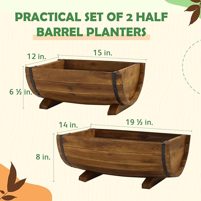 IDZO Solid Acacia Wood Half Barrel Planters Outdoor Set of 2 Different Sizes, Wooden Planters for Outdoor Plants with Metal Bands & Drainage Holes, Legs Included, Brown