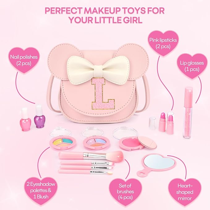 Kids Makeup Kit for Girls - 15 Pcs Real Washable Make Up Set - Non Toxic Toddlers Cosmetic with Letter Mouse Ear Purse - Dress up Birthday Gifts for 3 4 5 6 7 8 Years Old Girls - L