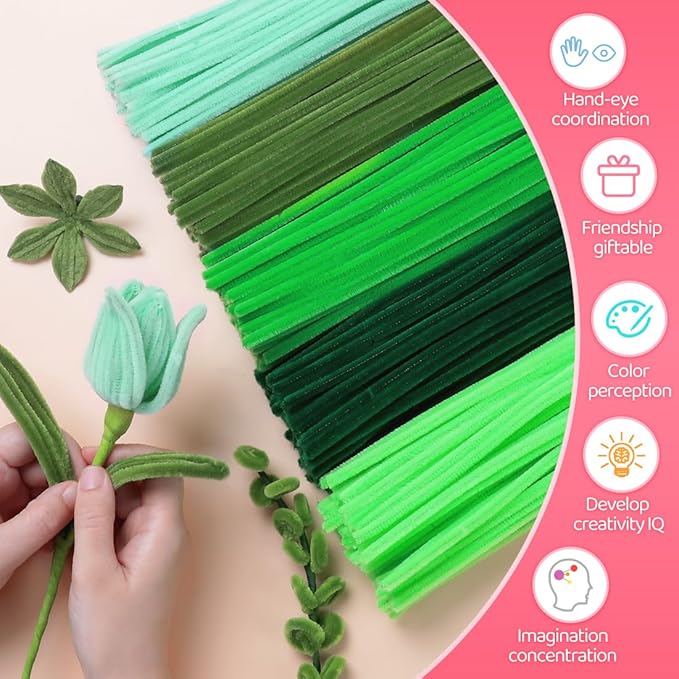 IOOLEEM Green Pipe Cleaners,200pcs in 5 Colors, Chenille Stems for Art and Craft Projects, Flower DIY Decorations