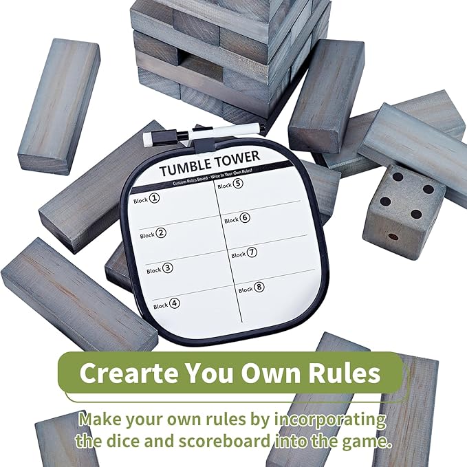 ApudArmis 60 PCS Giant Tumble Tower Stack to 5Ft, Pine Wooden Stacking Timber Game with 1 Dice Set - Classic Block Giant Outdoor Game for Teens Adults Family (Gray)