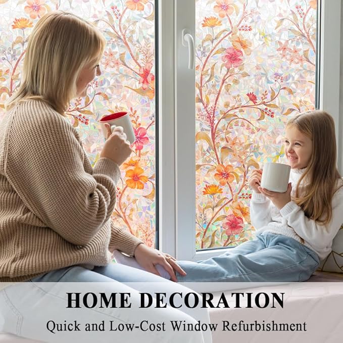 Stained Glass Window Film Static Cling Door Privacy Film Decorative Flowers Red Leaves Window Decals Stickers Heat Control Anti UV for Home and Office,23.6 inches by 118 inches