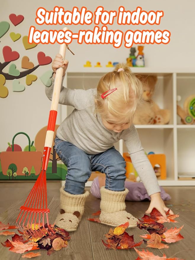 Kids Friendly Rakes for Leaves - 28" Child Size Small Rake with Durable Metal Head & Hardwood Handle, Real Lawn Garden Yard Tools for 3+ Years Kids Enjoy Helping Work Gifts (Red)