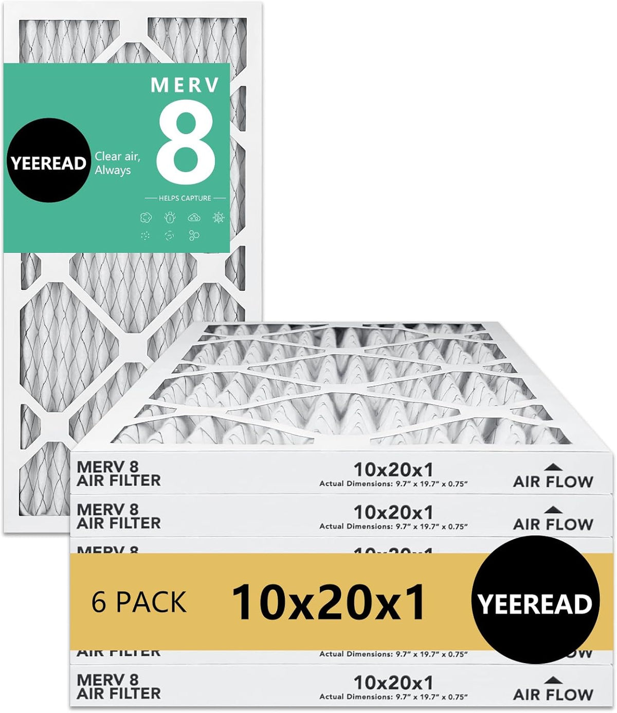 10x20x1 MERV 8 Air Filters 6-Pack, Actual Size 9.7" x 19.7" x 0.75" – Compatible with HVAC, Air Conditioners & Furnaces– High Particle Capture & Smooth Airflow