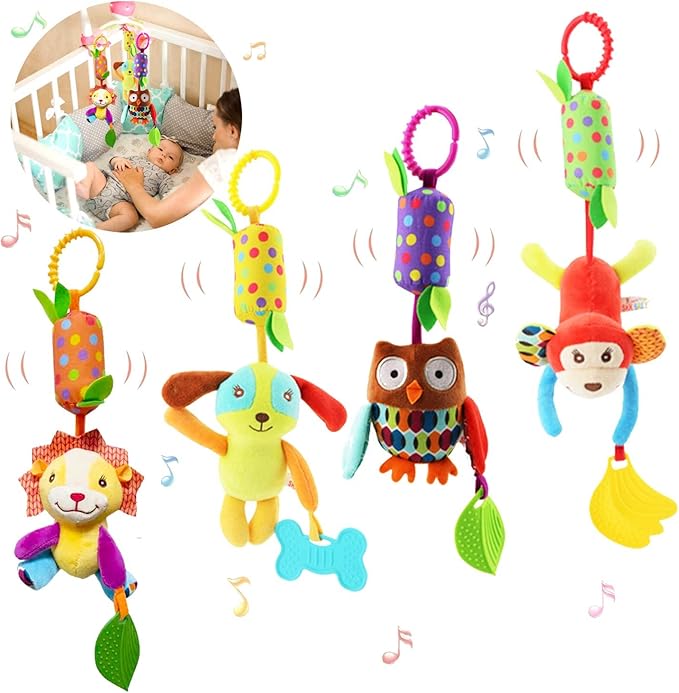 BLOOBLOOMAX Baby Soft Hanging Rattle, Car Seat Stroller Toys with Plush Animal C-Clip Ring for Infant Babies Boys and Girls 3 6 9 to 12 Months (4pcs)