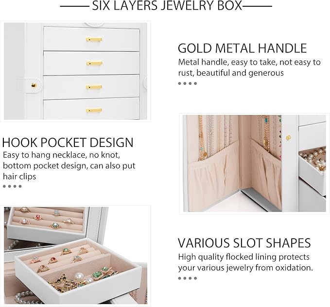 AKOZLIN Large Jewelry Box Organizer Functional with Big Mirror, Leather Jewelry Storage Case for Women Girls Ring Necklace Earring Bracelet Holder Organizer White