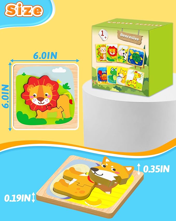 Benresive Wooden Toddler Puzzles, 8pcs Animal Montessori Toys for 1-3 Year Old Boys & Girls, Learning Educational Preschool Toys, Great Gifts for 1 2 3 Year Olds
