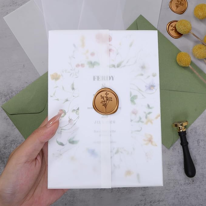 UNIQOOO 30 Pack Pre-Folded Vellum Jackets for 5x7 Invitations, Elegant Blank DIY Vellum Paper, 115GSM Semi-Transparent Cover Jacket for Wedding Envelopes