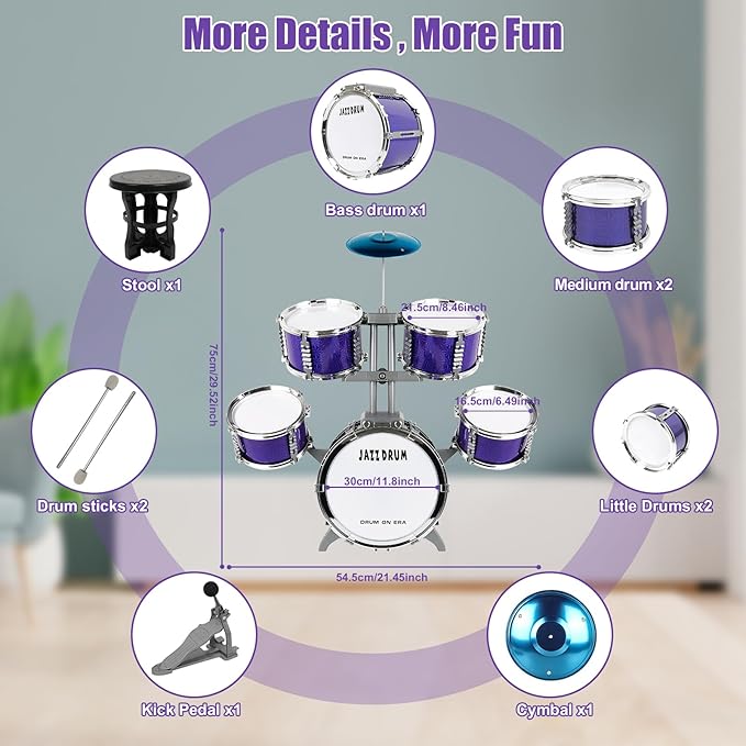 M SANMERSEN Kids Toys Jazz Drum Set - Upgraded Rock Drum Kit with Stool Musical Instruments Educational Birthday Christmas Toys Gifts for Toddlers Child Boys Girls Aged 3 4 5 6 7 8 Year Old