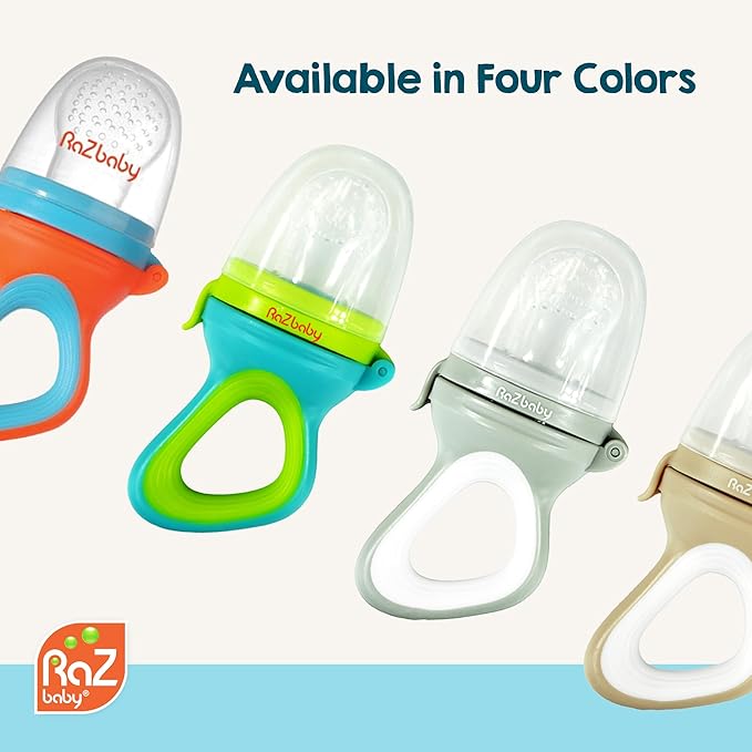 RaZbaby Baby Solids/Frozen Fruit Feeder Pacifier, Infant Teether Toy 6M+, BPA-Free Silicone Pouch & Nipple, Safely Introduce Solids, Natural Teething Relief, Dishwasher Safe, Freezable – Blue/Green