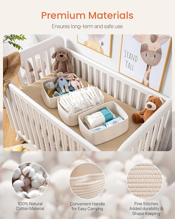 KALLAX Small Woven Basket, 13.5 x 9.5 x 5 Inches, Storage Basket for Organizing, Cute Small Rope Shelf Closet Cube Storage Bins Baskets for Shelves, Dog Toy Gift Baskets Empty, 3 Packs, Off White