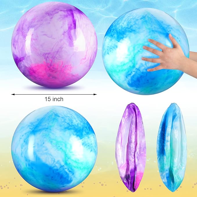 Deekin 2 Pcs 15 Inch 18 Inch Marbleized Bouncy Balls Large Inflatable Rubber Sensory Ball for Playground Outdoor Water(15 Inches,Blue and Purple)