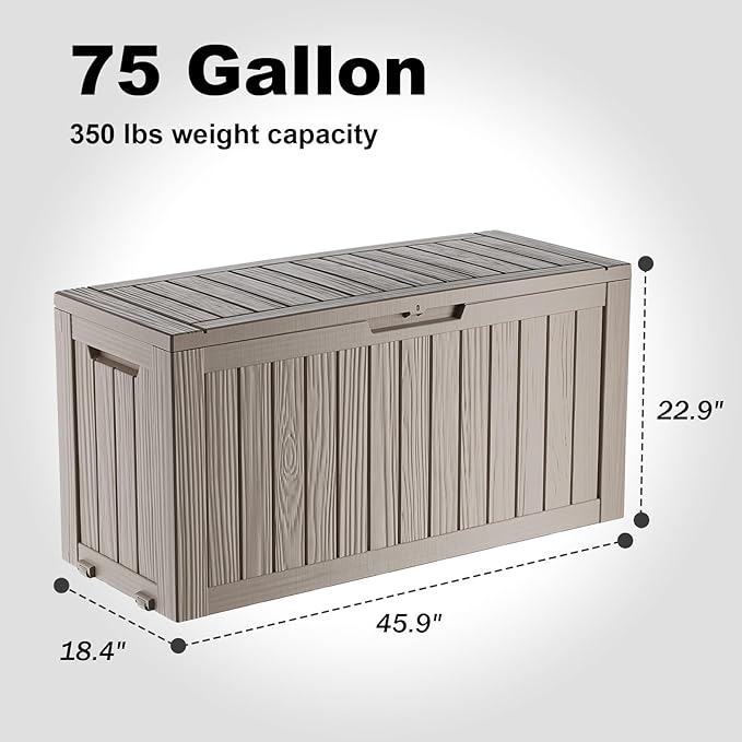 75 Gallon Resin Deck Box, Lockable Outdoor Storage Box for Patio Cushions Storage Furniture,Garden Tools, Pool Supplies, Weatherproof and UV Resistant (Grey)