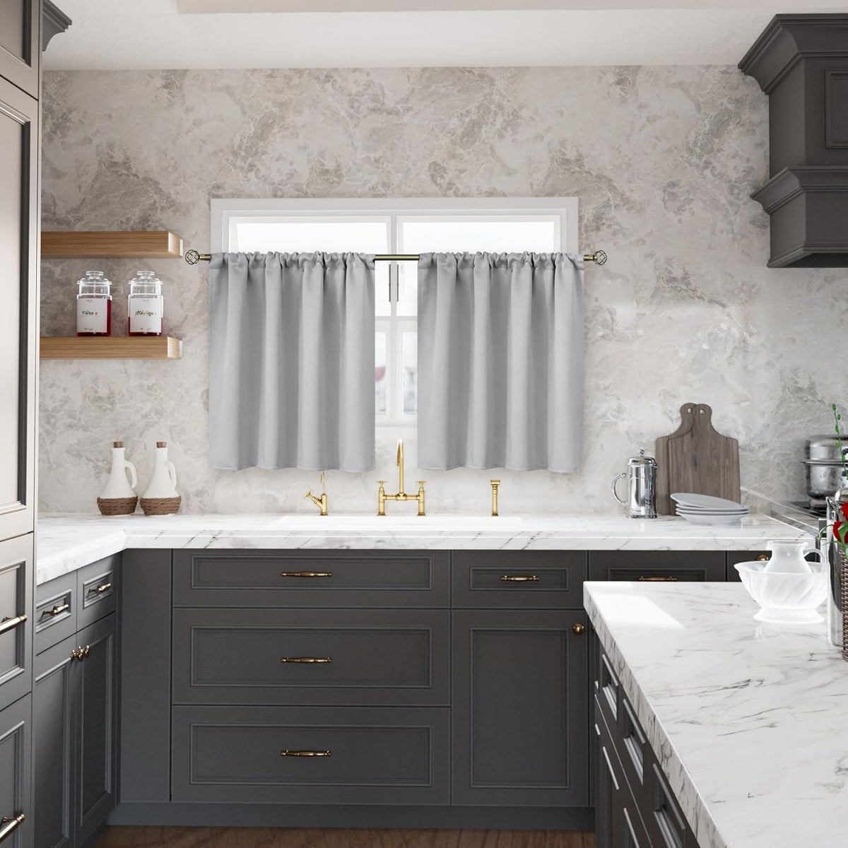 BGment Light Grey Blackout Curtains 30 Inches Long for Kitchen Cafe Window - Half Window Drapes with Rod Pocket Small Curtain Privacy for Rv Camper Bathroom, 2 Panels, 34 x 30 Inch