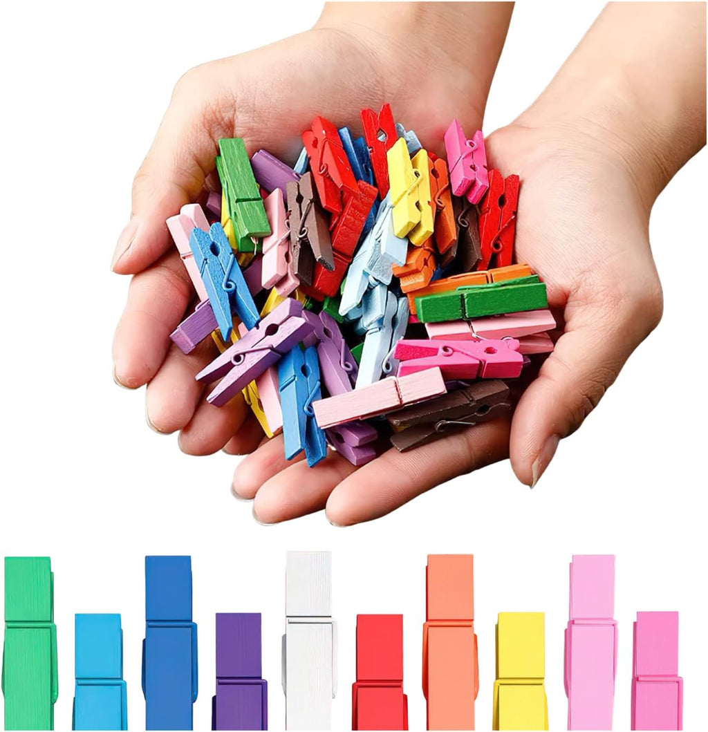 Clothespins, Small Clothes Pins for Photos, 1.4'' 100 PCS Natural Birchwood Mini Clothes Pins, Strong Springs Colorful Clothespins with Storage Bag, Mini Clothespins for Photos, Crafts, Pictures, Art
