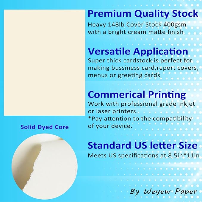 50 Sheets 148lb Cream Cardstock, 8.5" x 11", Premium Heavyweight Card Stock Blank Invitation Paper Greeting Cards DIY Craft Card Making, 148LB Cover 400 GSM