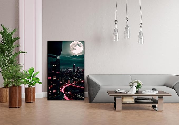 SpiritualHands Moon And City Glass Wall Art Painting for Living Room, Tempered Glass Modern Prints Decor, Large Vivid Color Panel for Bedroom, Kitchen, or Office