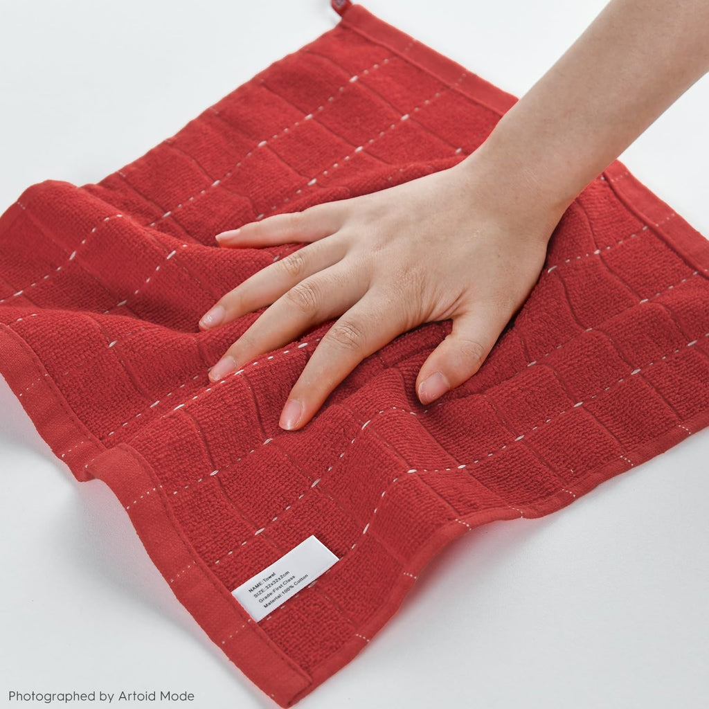 Artoid Mode Checkered Designed Cotton Beige Red Terry Kitchen Dish Cloths, 12x12 Inch Soft Absorbent Quick Drying Cleaning Kitchen Rags Set of 6