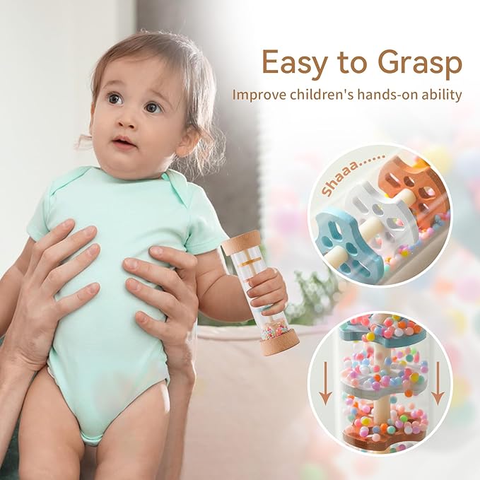 Youuys Wooden Baby Rattle Set (3pcs) - Crochet Rattle Rain Stick Teething Toys, Wooden Montessori Toy for Newborn Infant Baby Rattles Set Toys 3-6 Months (Fox)