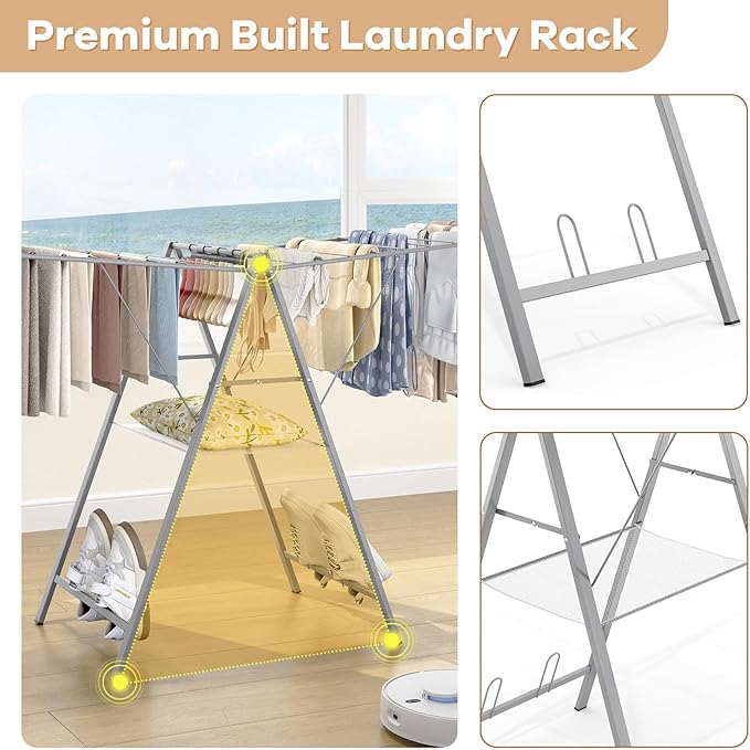 APEXCHASER Drying Rack Clothing, Clothes Drying Rack Foldable, Metal Laundry Drying Rack Collapsible for Sweater Towel Indoor & Outdoor, Height Adjustable Gullwing Clothes Airer, Grey