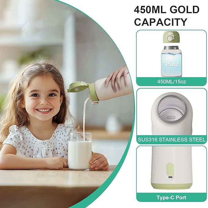 Portable Bottle Warmer for Travel, 15oz Capacity Portable Milk Warmer for Baby, Formula, Breast Milk & Water, On The Go Bottle Warmer with Long Battery Life, Even Heating, Precise Temperature Control