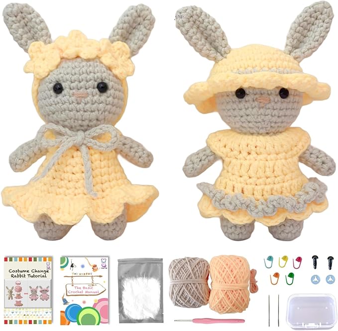 LoopMap Beginner Crochet Kit for Adults & Kids - DIY Amigurumi Bunny with Removable Dress & Accessories - Step-by-Step Video Tutorials, Extra Yarn, Crochet Tools - Handmade Gift (Bunny-Yellow)