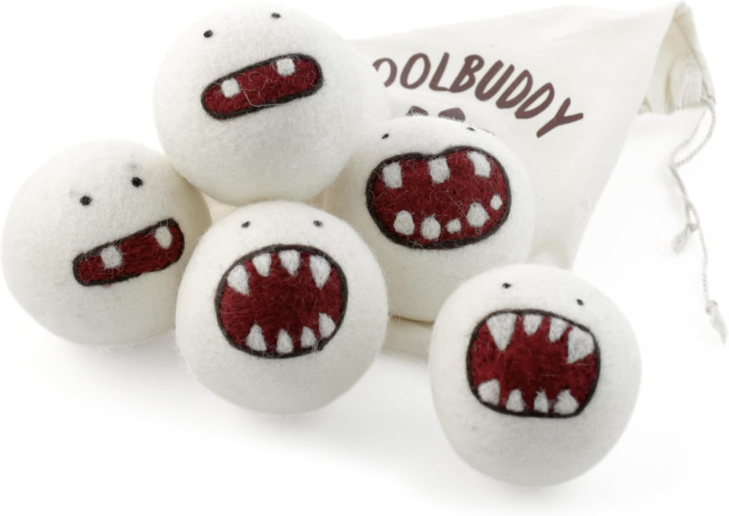 Woolbuddy Dryer Balls, 6-Pack Reusable Wool Laundry Accessories, Monster Design for Pet Hair Removal, Home Essentials, Cute and Efficient Drying Solution