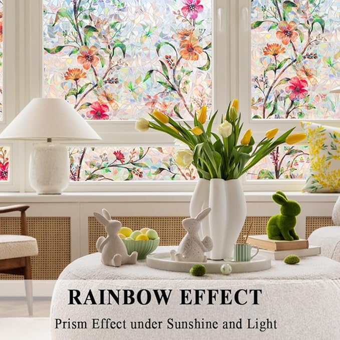 Stained Glass Window Film Static Cling Door Privacy Film Decorative Flowers Green Leaves Window Decals Stickers Heat Control Anti UV for Home and Office,17.5 inches by 78.7 inches