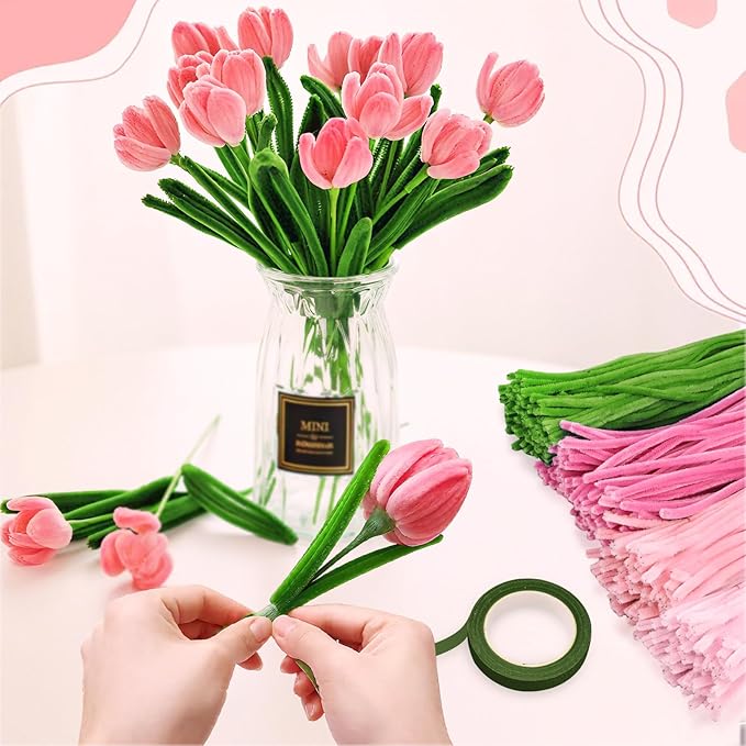 FACIACC 600PCS Pipe Cleaners Craft, 6 Assorted Colors Chenille Stems for DIY Bouquet Christmas Gift Party Decor (Pink)