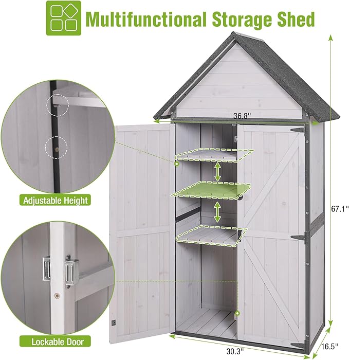 GUTINNEEN Outdoor Storage Shed with All Around Strong Metal Frame, Garden Tool Sheds Cabinet with Floor & Adjustable Shelves, Wooden Tool House for Backyard Garden Patio Lawn (White)