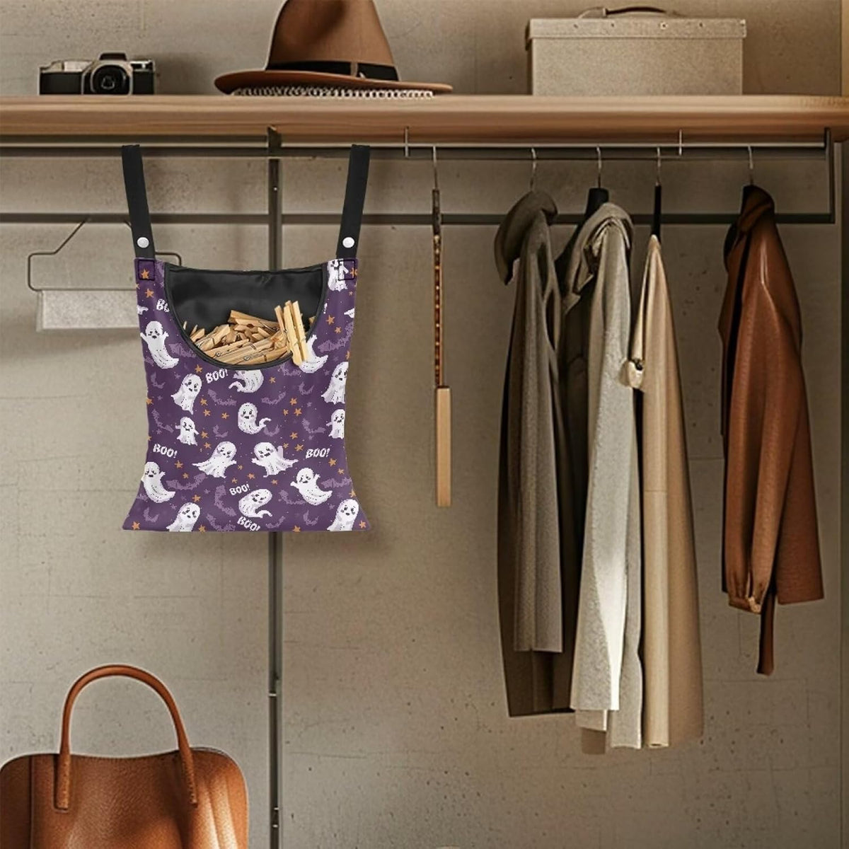 Cute Ghost Clothespin Storage Hanger Bags Laundry Clothespin Bag with a Large Opening, Hanging Storage Organizer with Hanging Rope for Home Outdoor Waterproof Clothespin Storage
